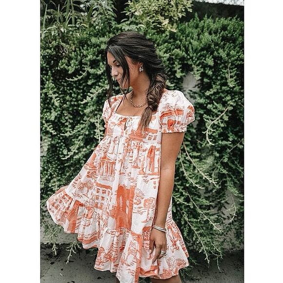 Urban Outfitters Wonderland Orange Puff Sleeve Ruffle Cutout Mini A-Line Dress L - Picture 6 of 12